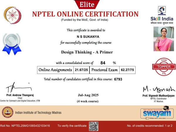 Topper 1 in NPTEL course Design Thinking - A Primer Jul-Aug 2025_page-0001